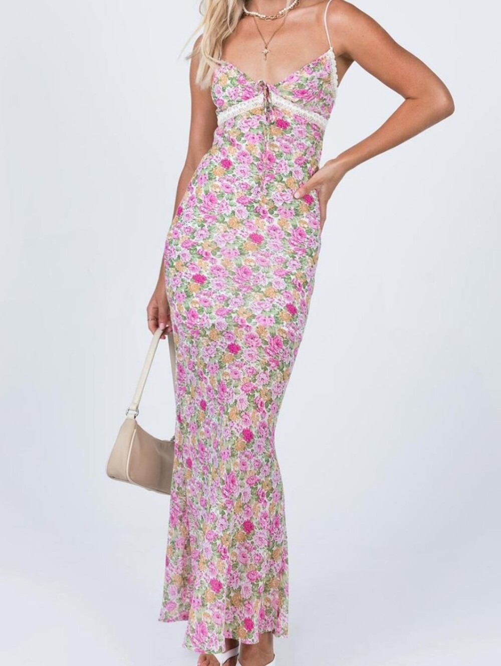 Princess Polly Emily Maxi Dress Pink Floral Lace-Trim 6